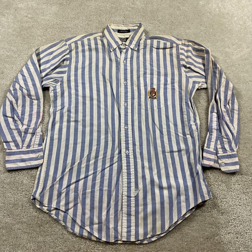 VTG 70s Polo Ralph Lauren Shirt Mens L Blue Stripe Oxford Crest USA Archive